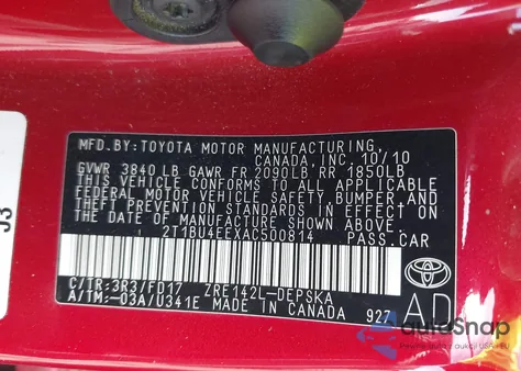 2010 Toyota Corolla S from USA, damaged, VIN 2T1BU4EEXAC500814